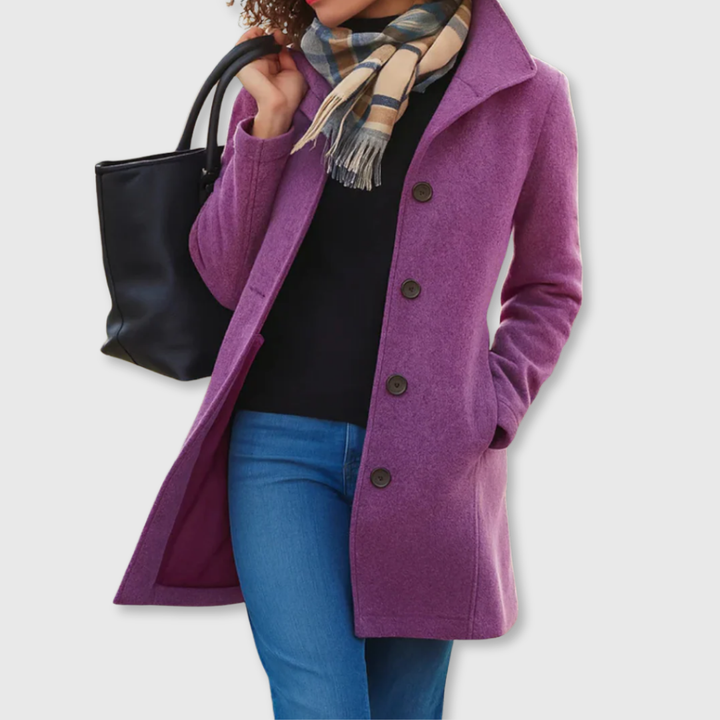 Fantine Classic Winter Coat Button Front Collared Mid Length for Women in Purple