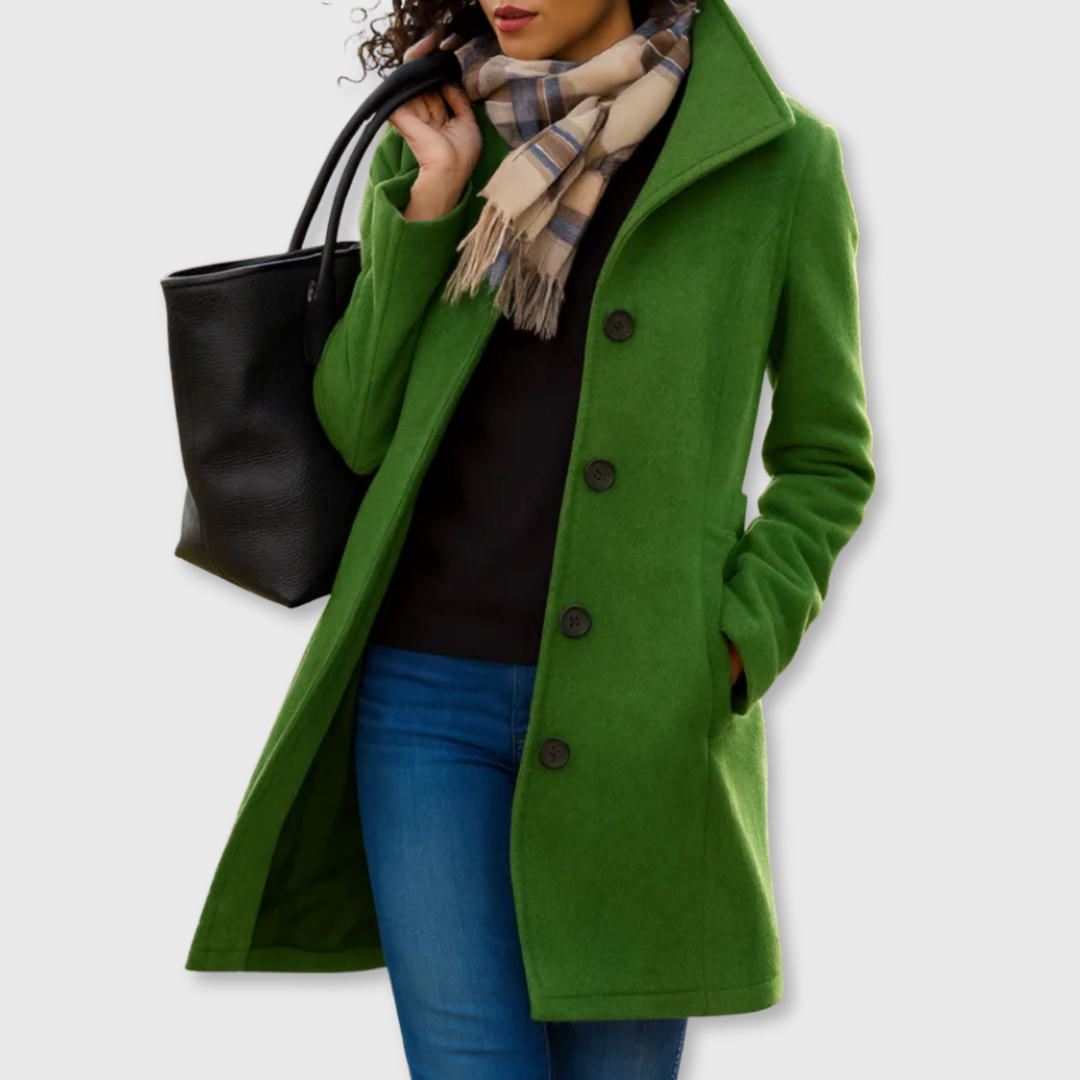 Fantine Classic Winter Coat Button Front Collared Mid Length for Women in Moss Green