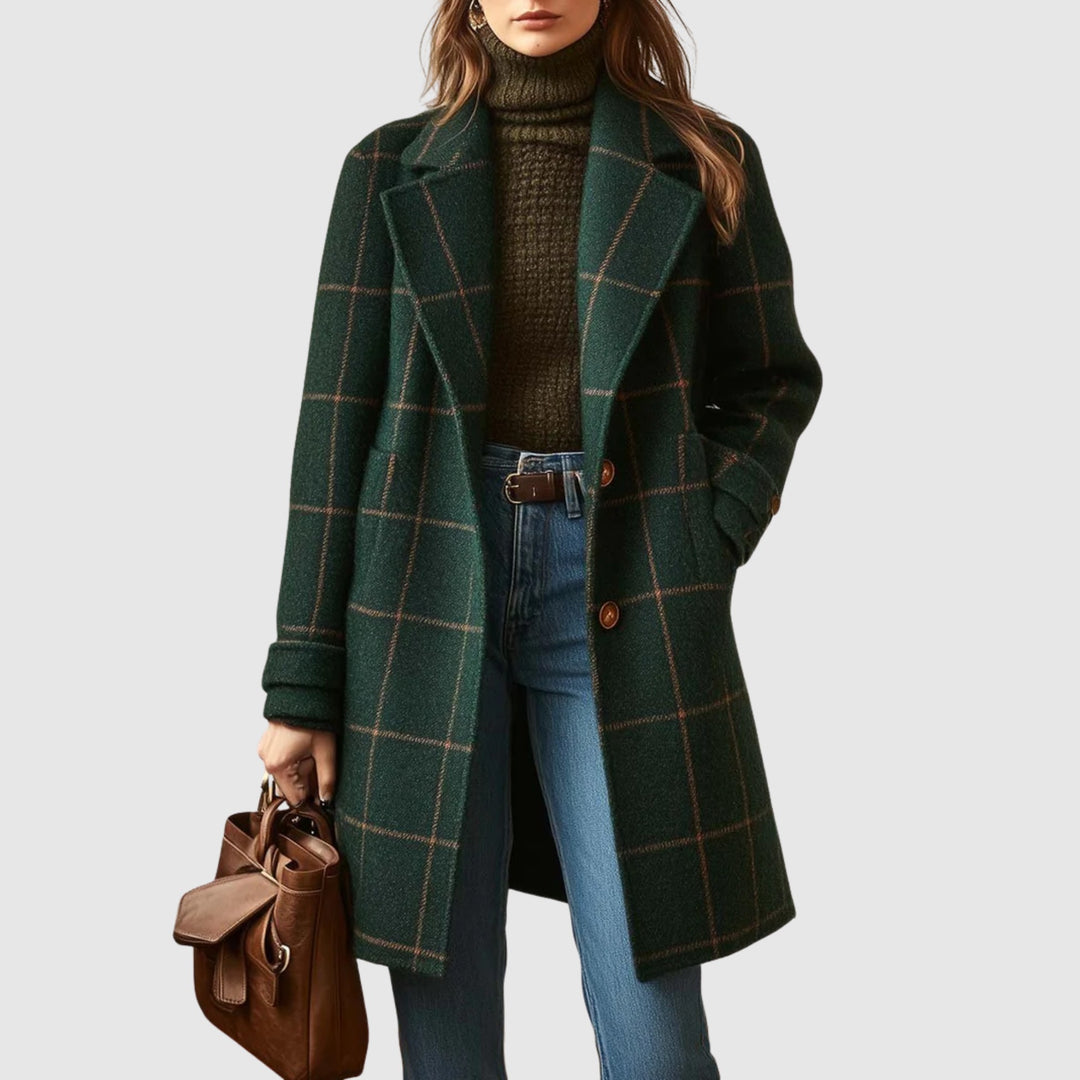 Adelie Tweed Plaid Notch Lapel Wool Coat for Women