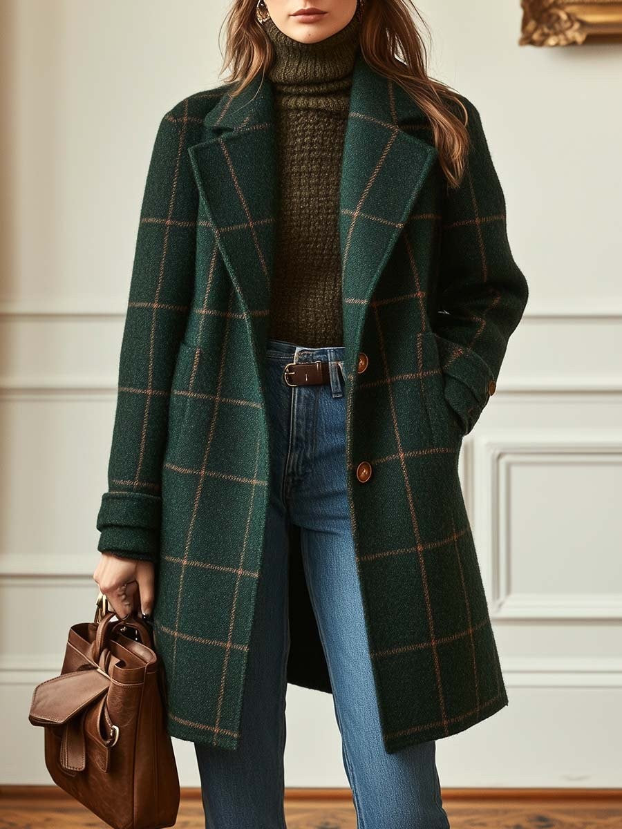 Adelie Tweed Plaid Notch Lapel Wool Coat for Women