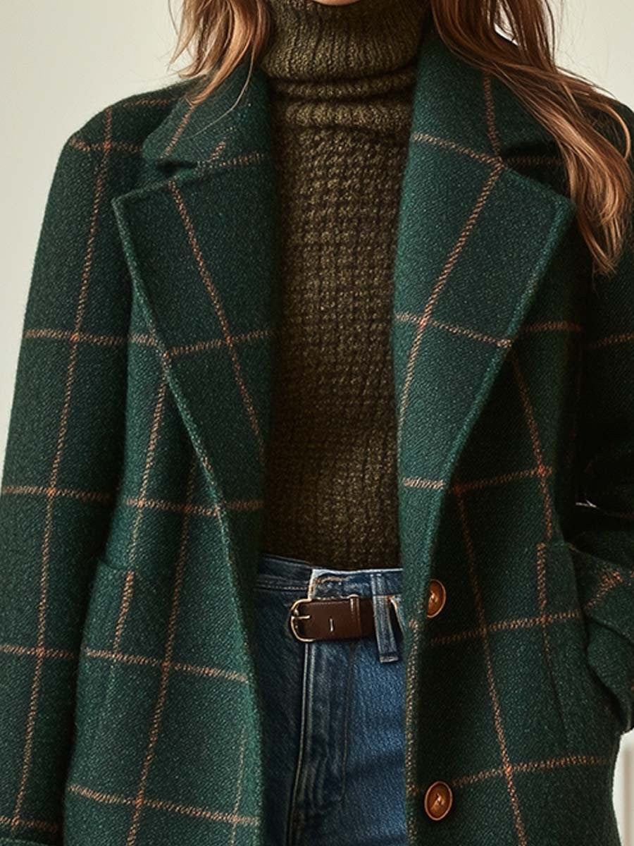 Adelie Tweed Plaid Notch Lapel Wool Coat for Women