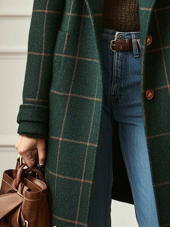 Adelie Tweed Plaid Notch Lapel Wool Coat for Women