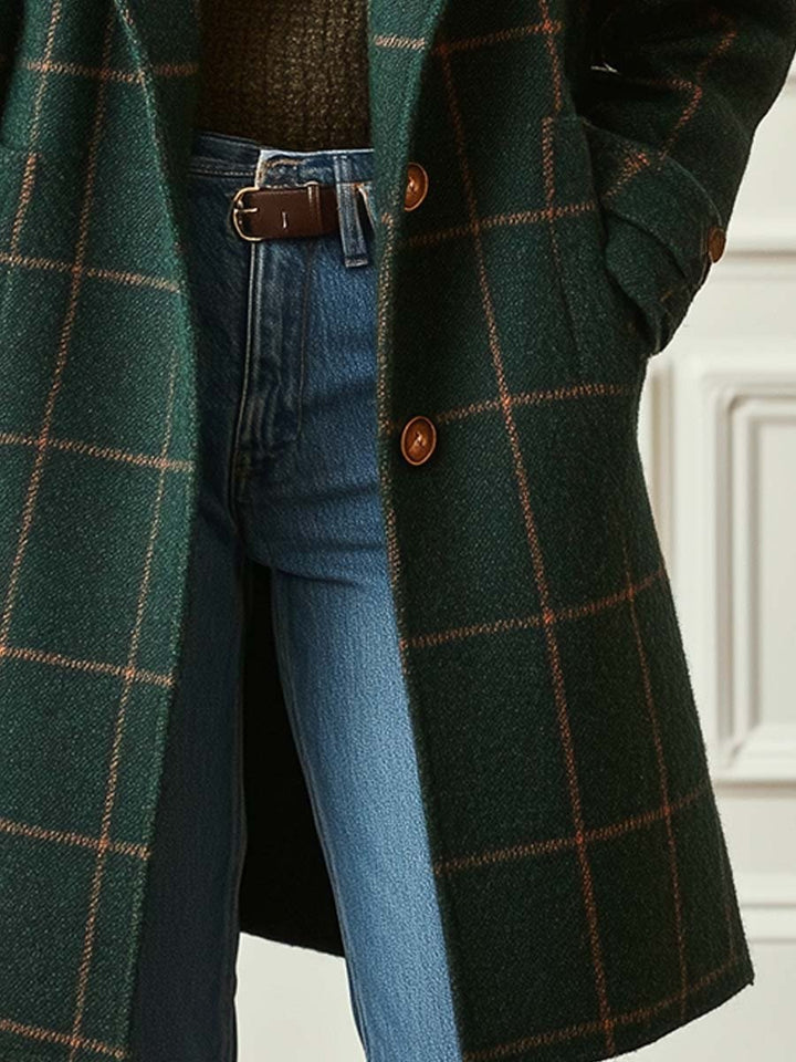 Adelie Tweed Plaid Notch Lapel Wool Coat for Women