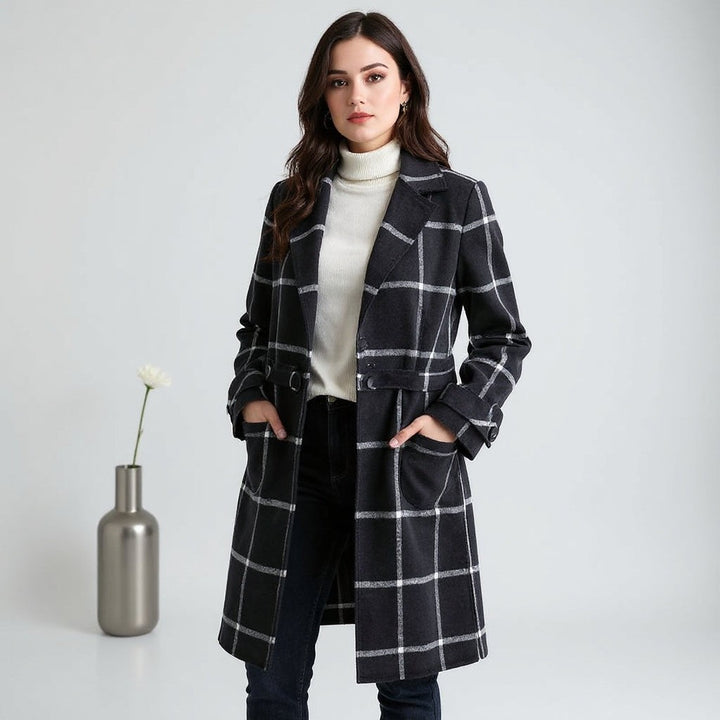 Adelie Tweed Plaid Notch Lapel Wool Coat for Women