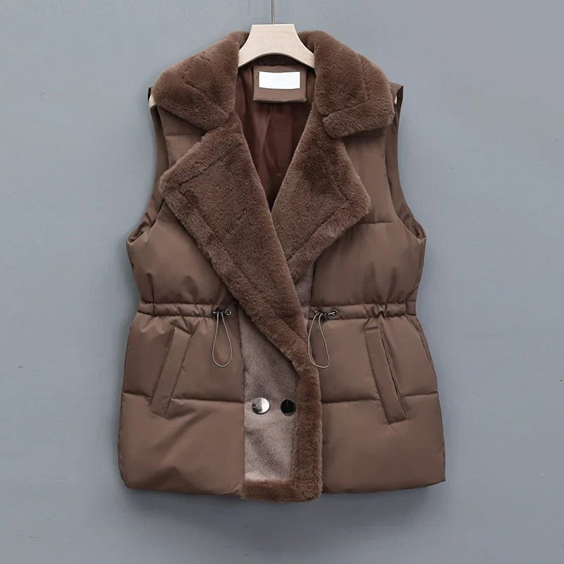 Puffer Vest with Faux Fur Collar and Drawcord in brown