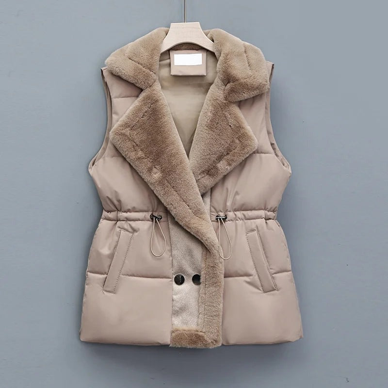 Puffer Vest with Faux Fur Collar and Drawcord in khaki