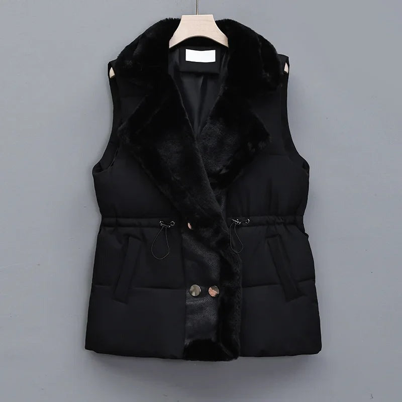 Puffer Vest with Faux Fur Collar and Drawcord in black