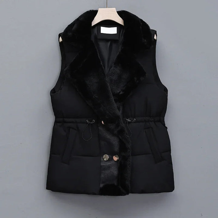Puffer Vest with Faux Fur Collar and Drawcord in black