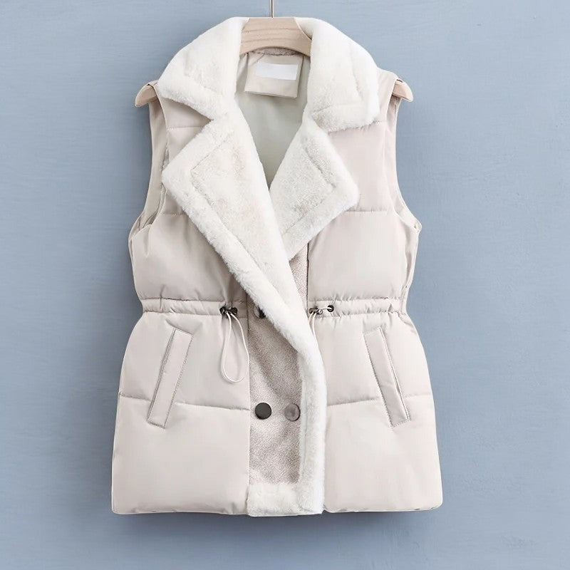 Puffer Vest with Faux Fur Collar and Drawcord in white