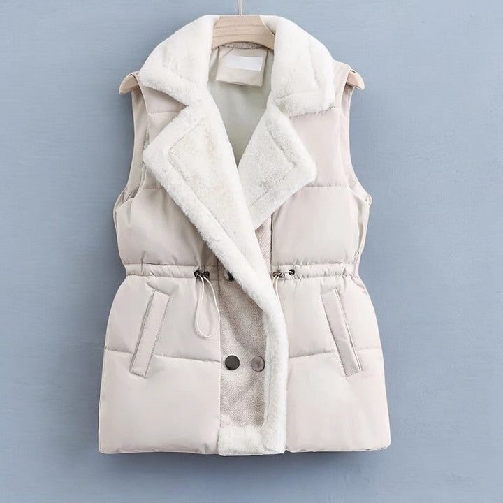 Puffer Vest with Faux Fur Collar and Drawcord in white