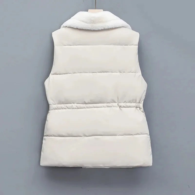Puffer Vest with Faux Fur Collar and Drawcord
