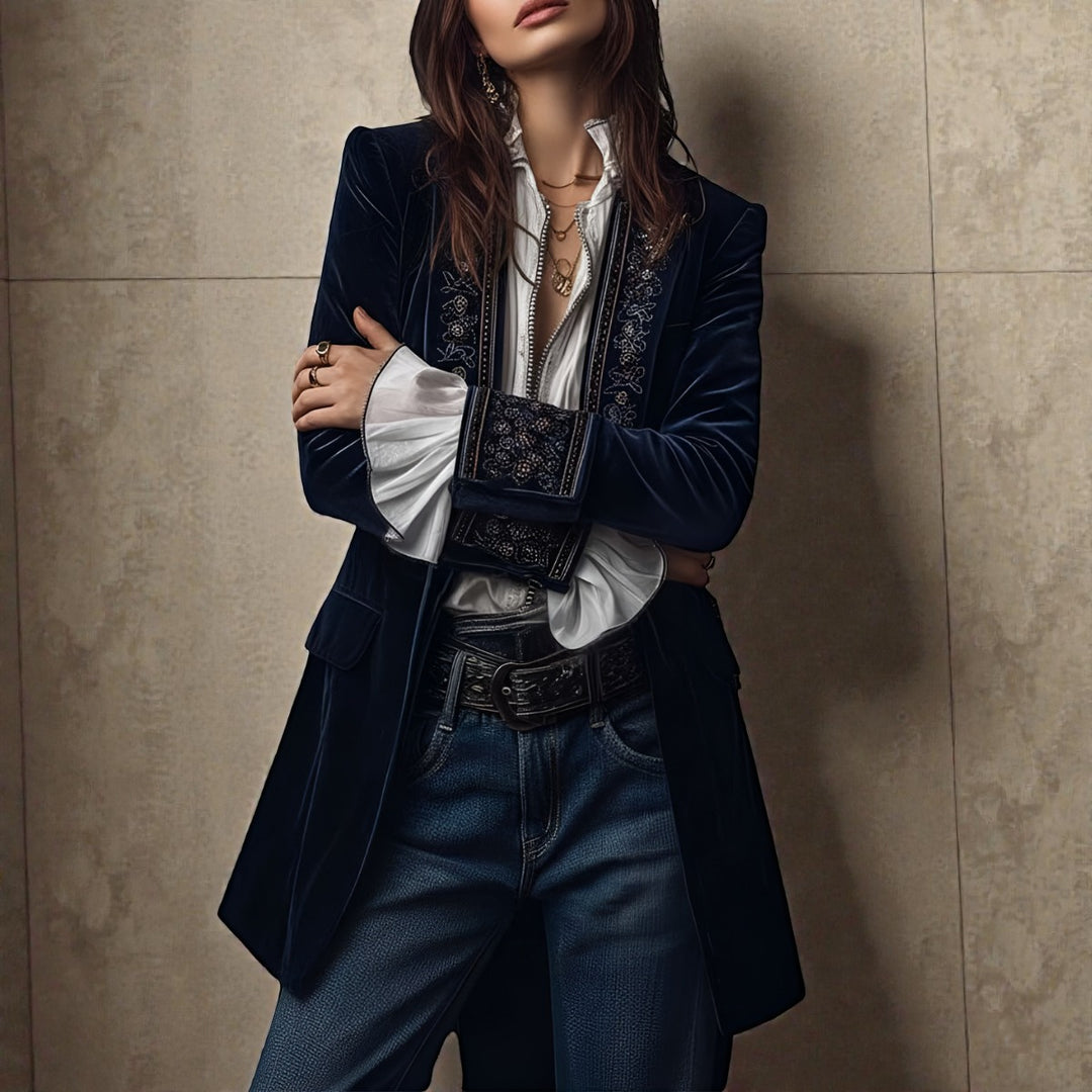 Velvet Blazer with Embroidered Cuffs and Peplum in midnight navy