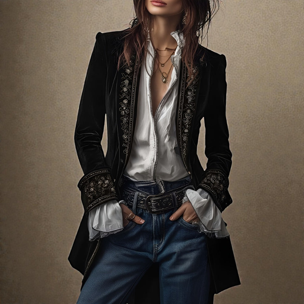 Velvet Blazer with Embroidered Cuffs and Peplum in black