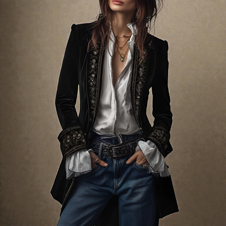 Velvet Blazer with Embroidered Cuffs and Peplum in black