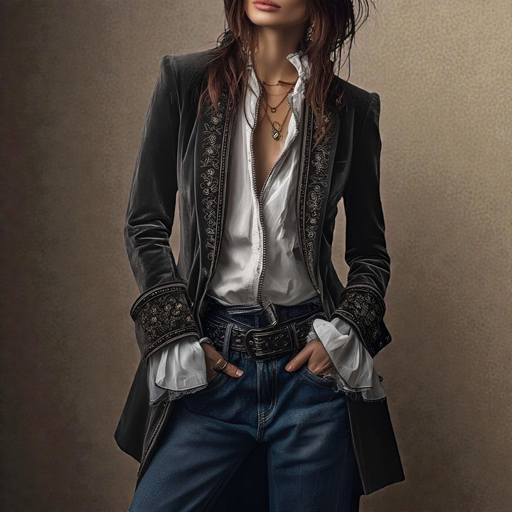 Velvet Blazer with Embroidered Cuffs and Peplum in olive
