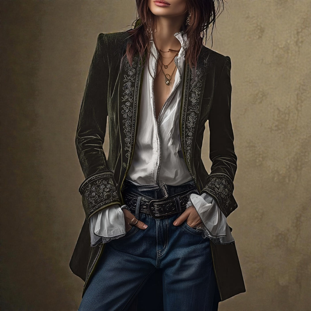 Velvet Blazer with Embroidered Cuffs and Peplum in stone grey