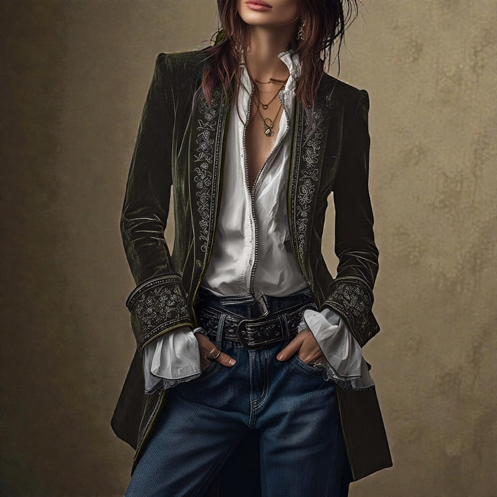 Velvet Blazer with Embroidered Cuffs and Peplum in stone grey