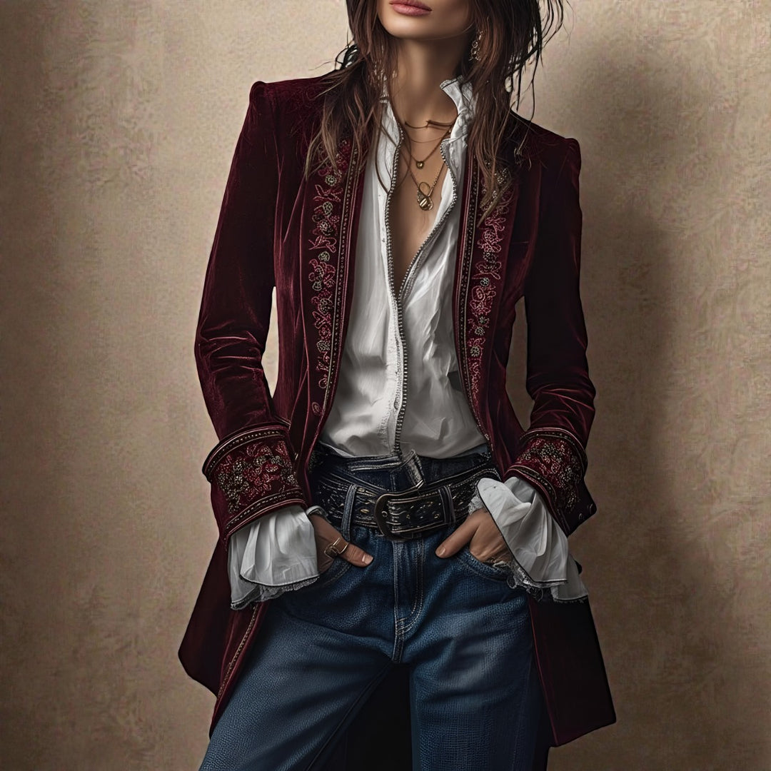 Velvet Blazer with Embroidered Cuffs and Peplum in berry red