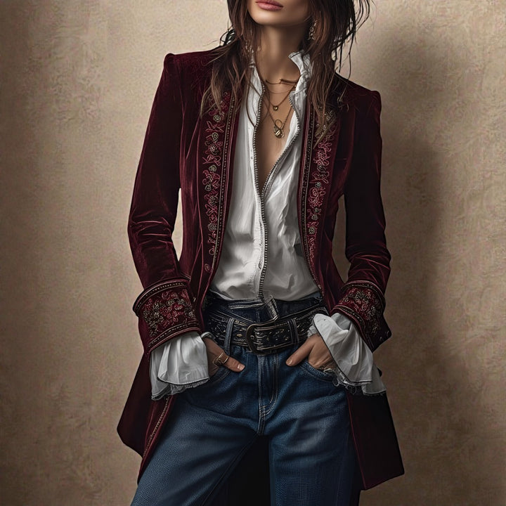 Velvet Blazer with Embroidered Cuffs and Peplum in berry red