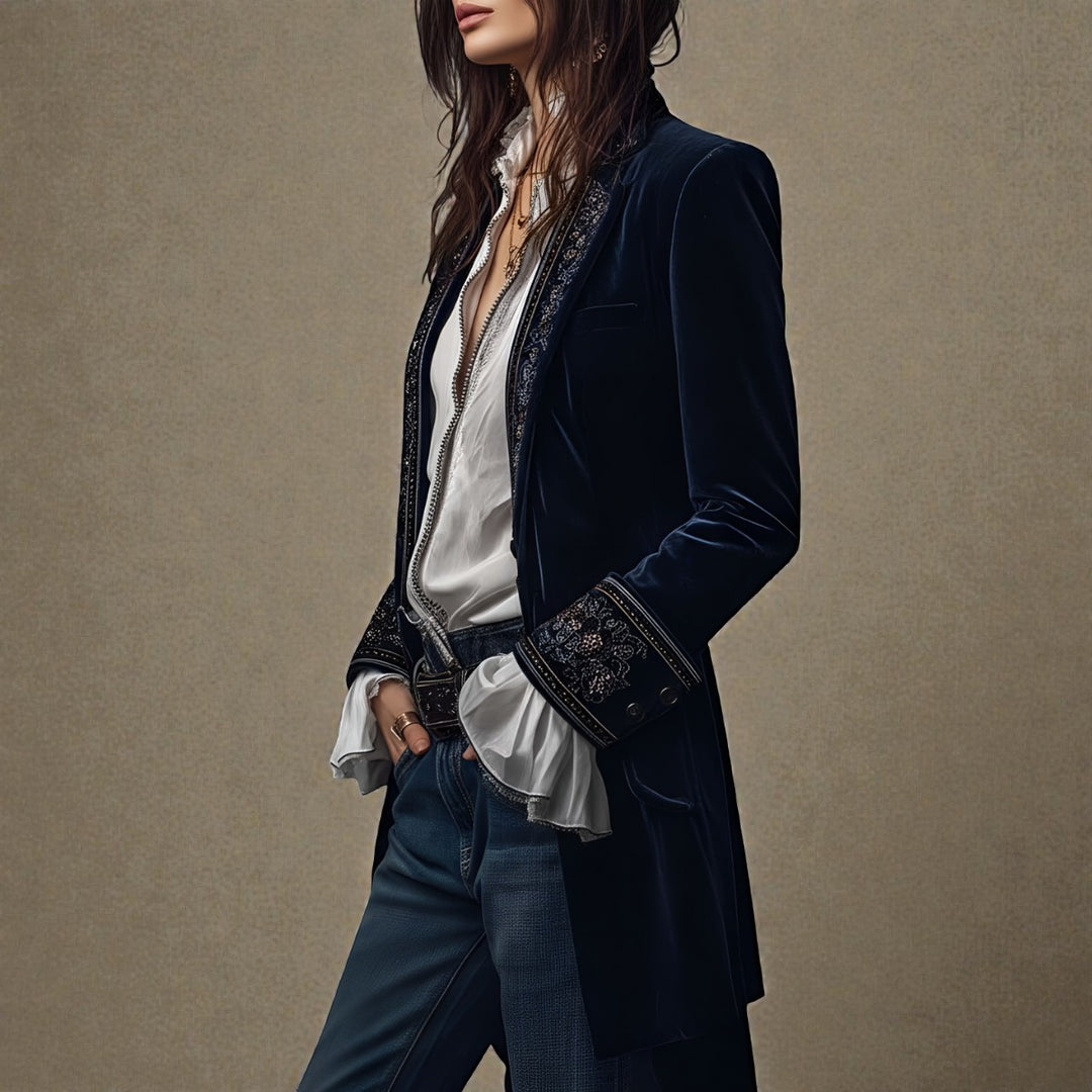 Velvet Blazer with Embroidered Cuffs and Peplum