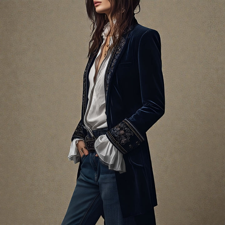 Velvet Blazer with Embroidered Cuffs and Peplum
