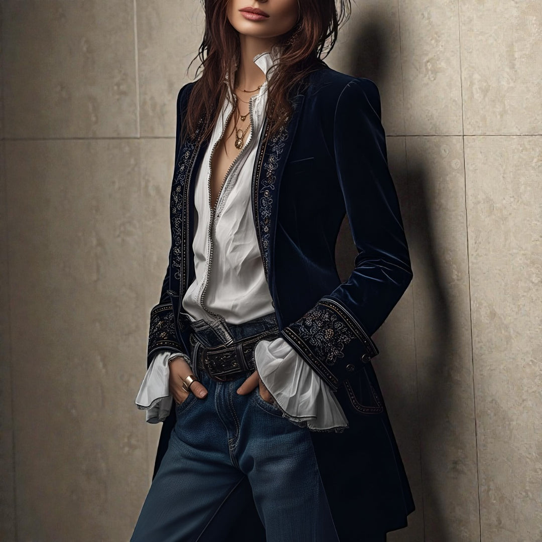 Velvet Blazer with Embroidered Cuffs and Peplum
