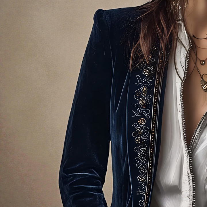 Velvet Blazer with Embroidered Cuffs and Peplum