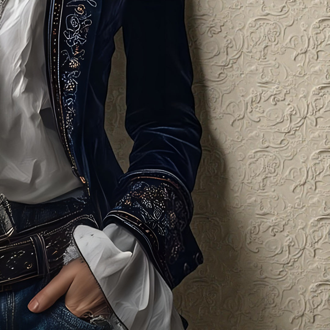 Velvet Blazer with Embroidered Cuffs and Peplum