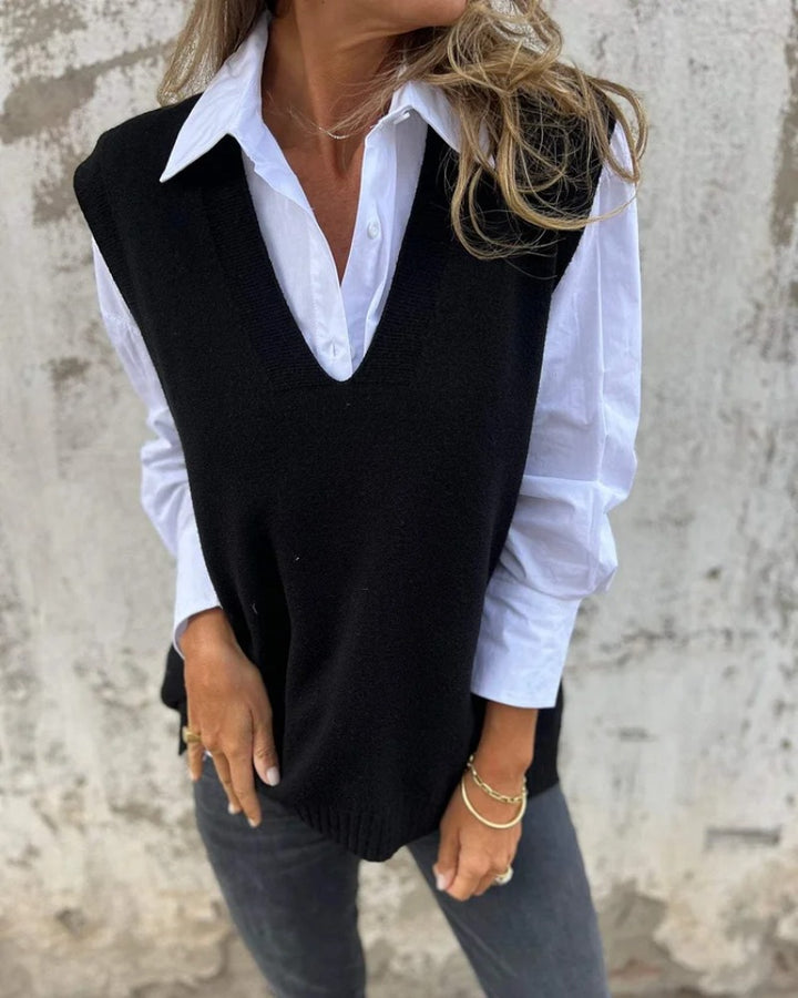 Sweater Vest with Collar and Ribbed Trim in black