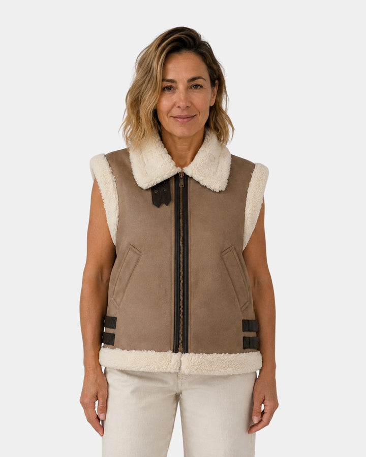 Sherpa Lined Vest with Zip Front and Pockets in taupe