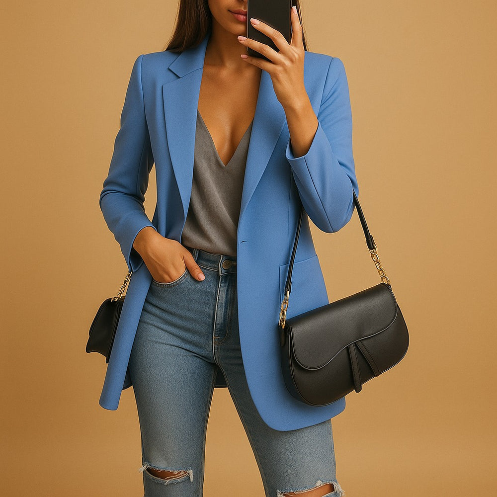 Longline Blazer with Open Front and Notch Lapel in blue