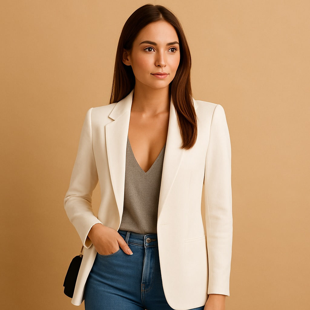 Longline Blazer with Open Front and Notch Lapel in white