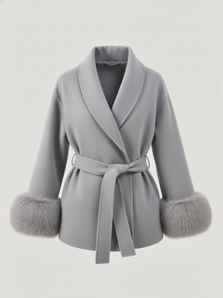 Aurelienne Belted Wool Coat with Faux Fur Cuffs for Women
