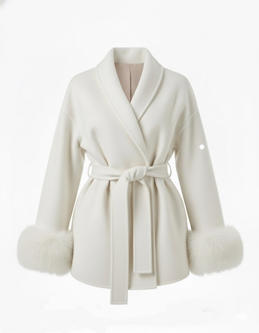 Aurelienne Belted Wool Coat with Faux Fur Cuffs for Women