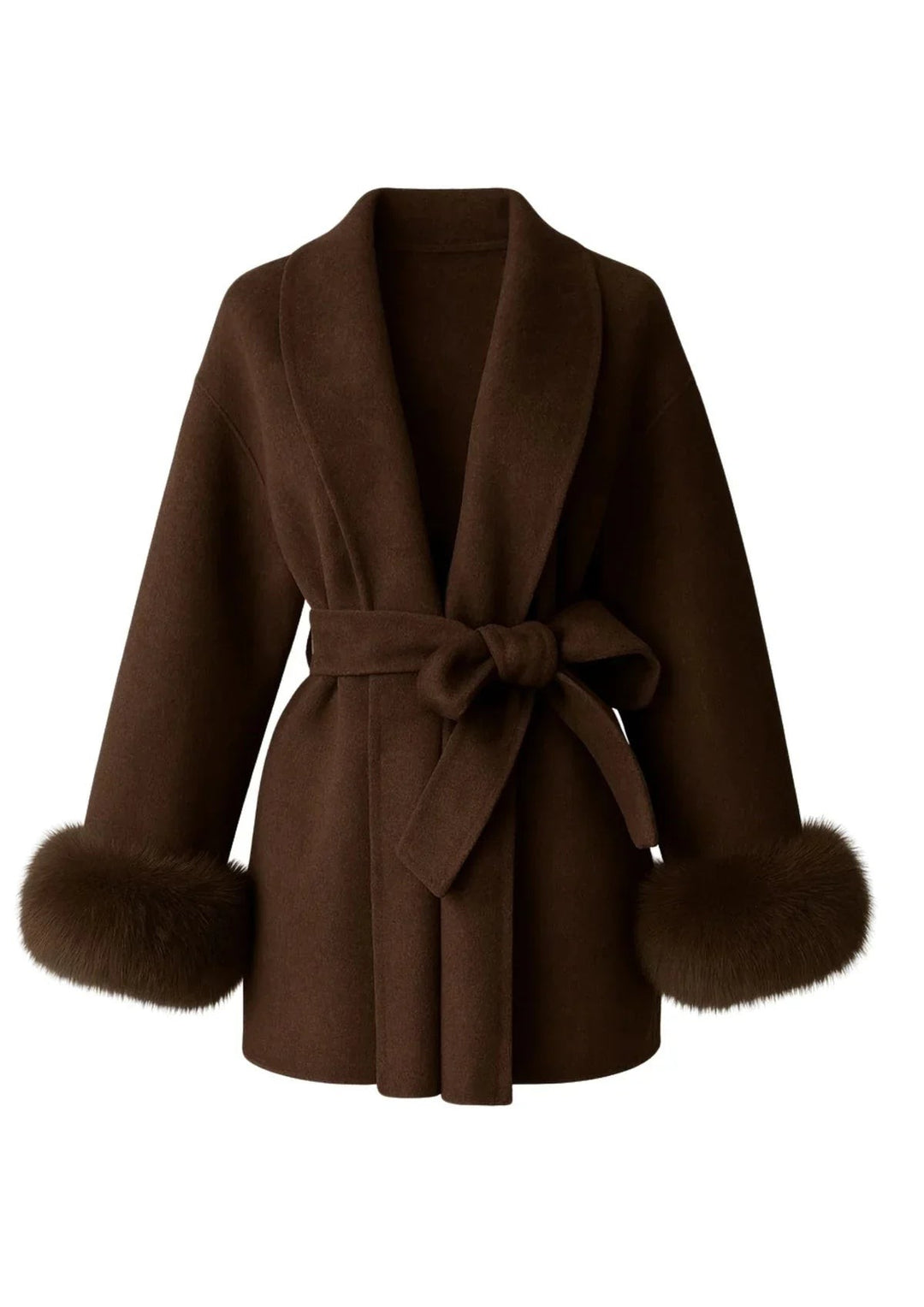 Aurelienne Belted Wool Coat with Faux Fur Cuffs for Women