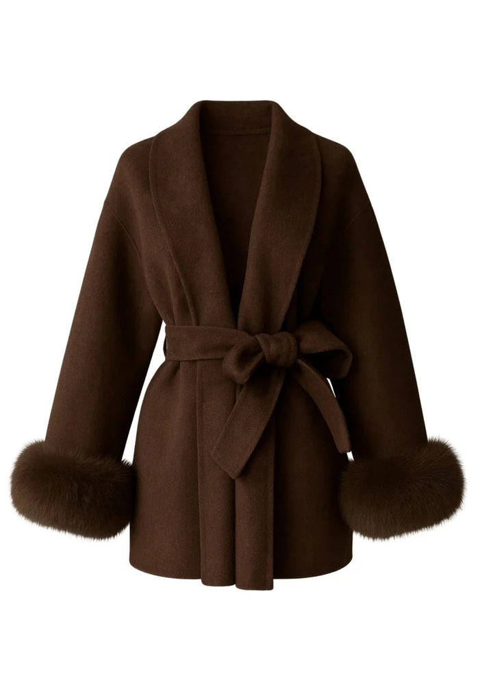 Aurelienne Belted Wool Coat with Faux Fur Cuffs for Women