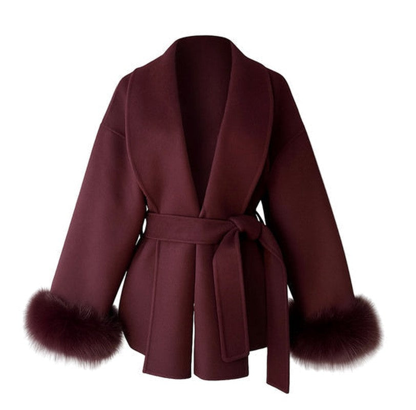 Aurelienne Belted Wool Coat with Faux Fur Cuffs for Women