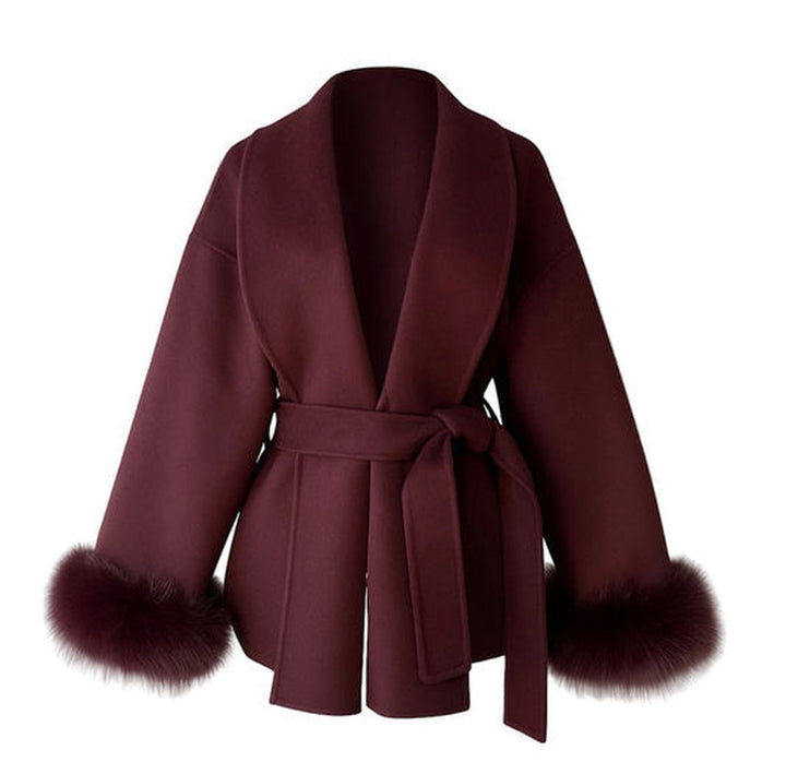 Aurelienne Belted Wool Coat with Faux Fur Cuffs for Women