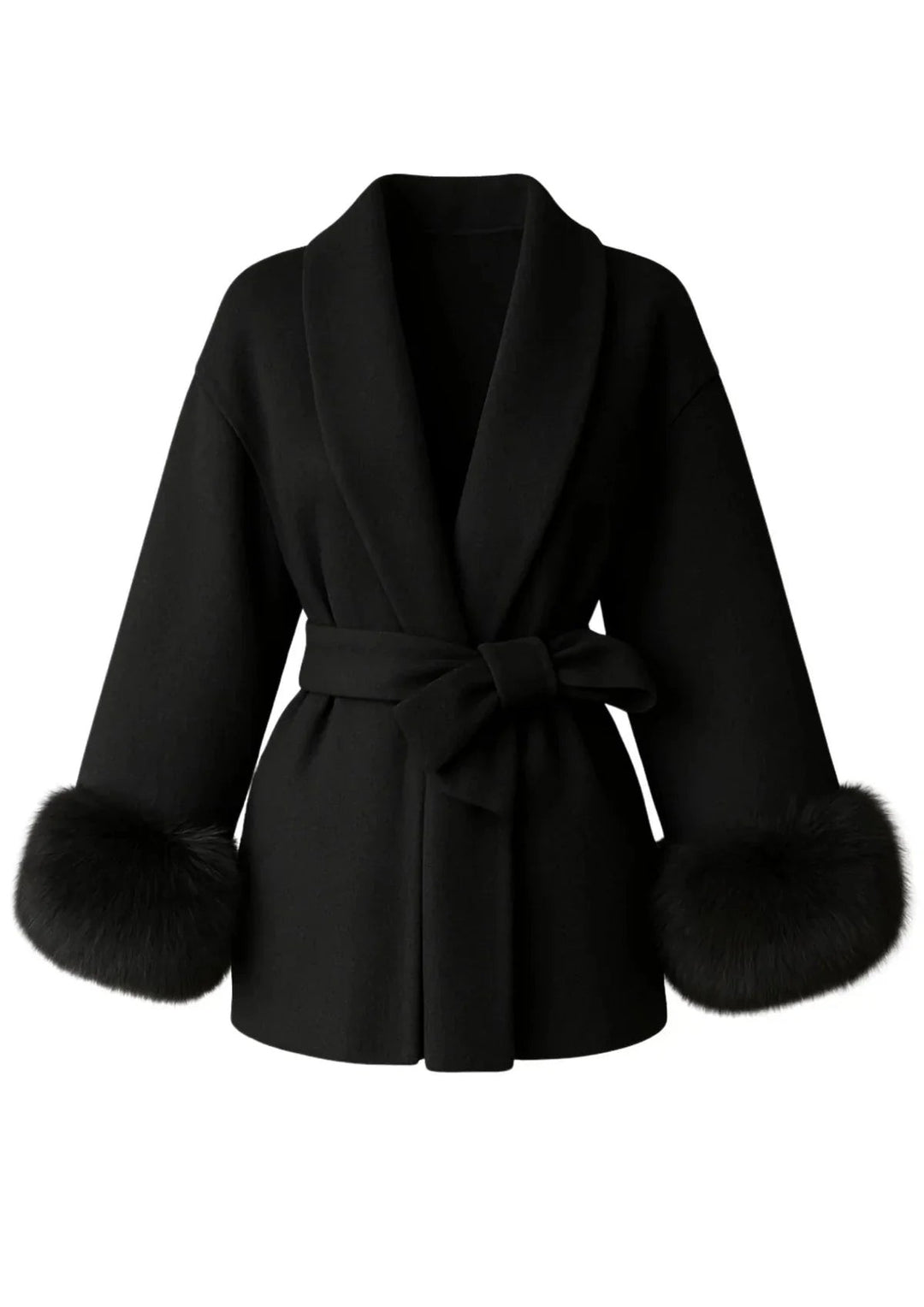 Aurelienne Belted Wool Coat with Faux Fur Cuffs for Women