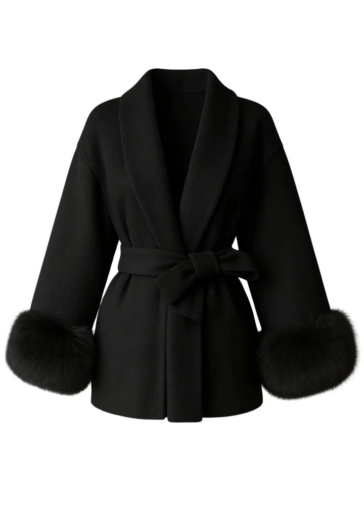 Aurelienne Belted Wool Coat with Faux Fur Cuffs for Women