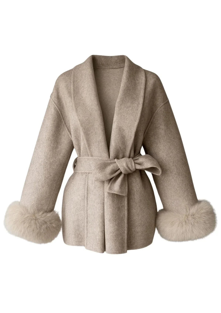Aurelienne Belted Wool Coat with Faux Fur Cuffs for Women