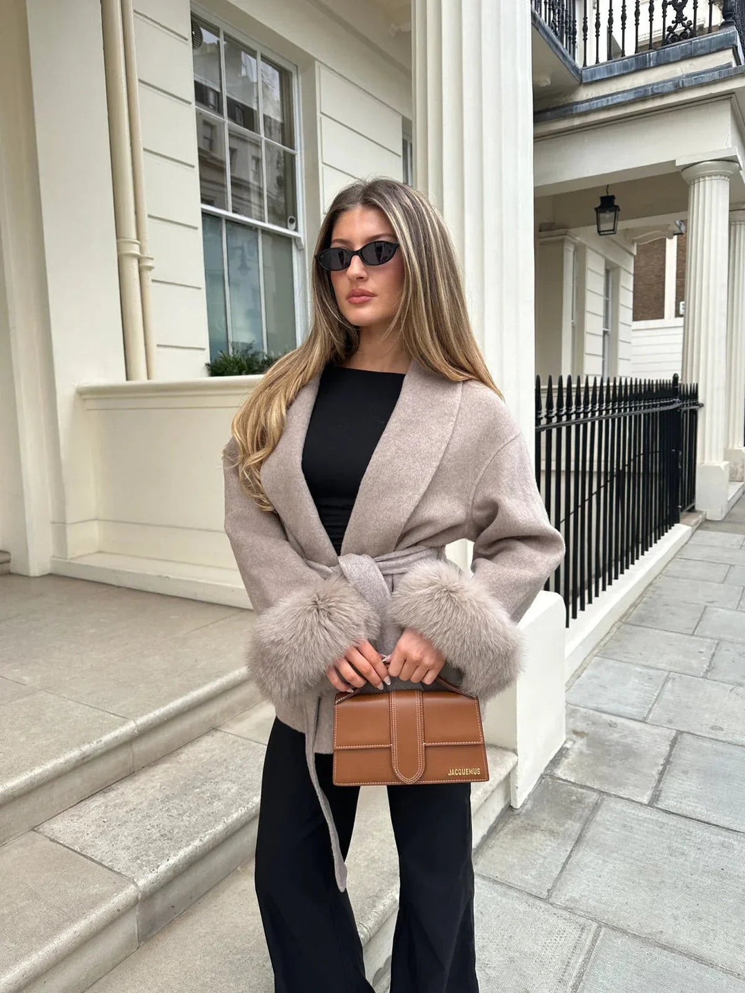 Aurelienne Belted Wool Coat with Faux Fur Cuffs for Women