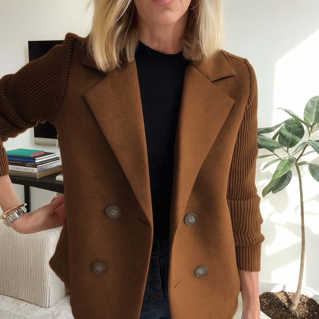 Ribbed Blazer Coat with Double Breasted Front in dark brown
