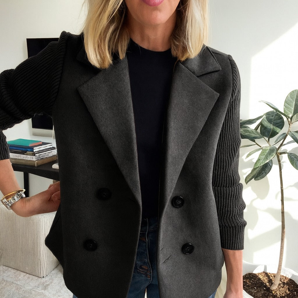Ribbed Blazer Coat with Double Breasted Front in black