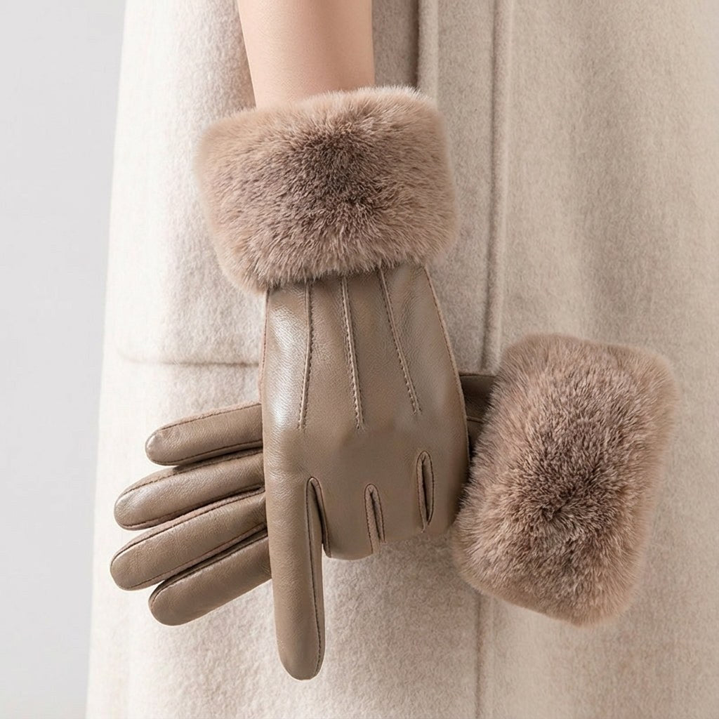 Azelie — Faux Fur Cuff Leather Gloves, StyleTruly