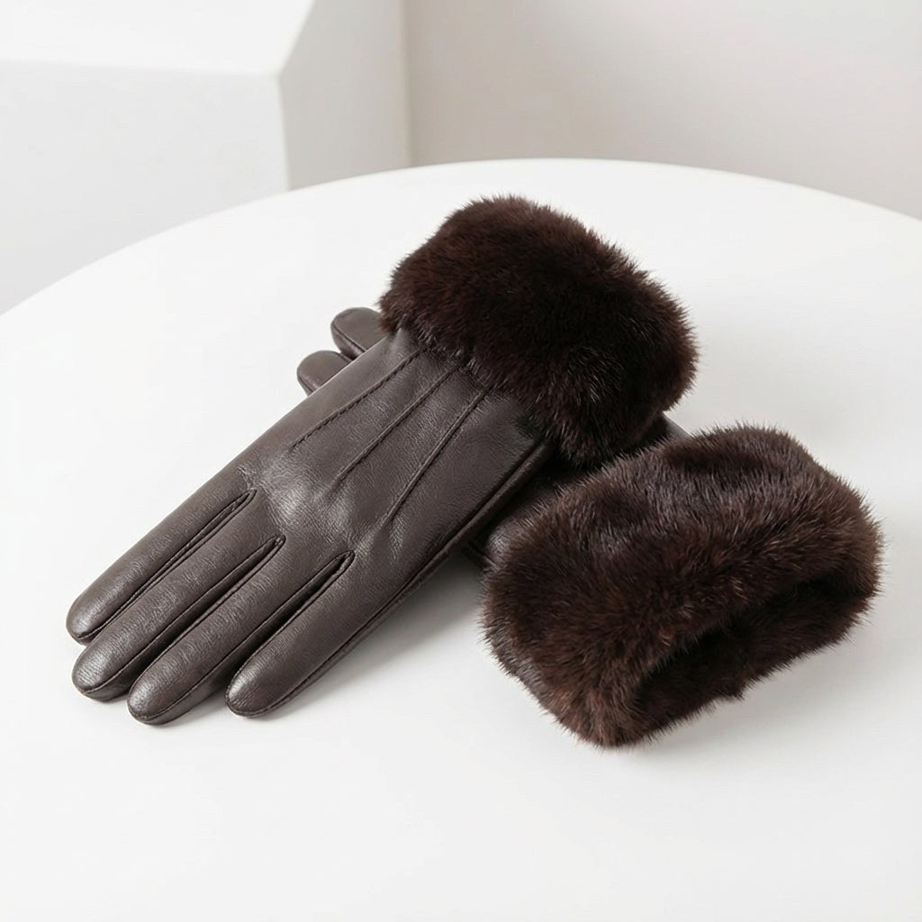 Azelie — Faux Fur Cuff Leather Gloves (6), StyleTruly