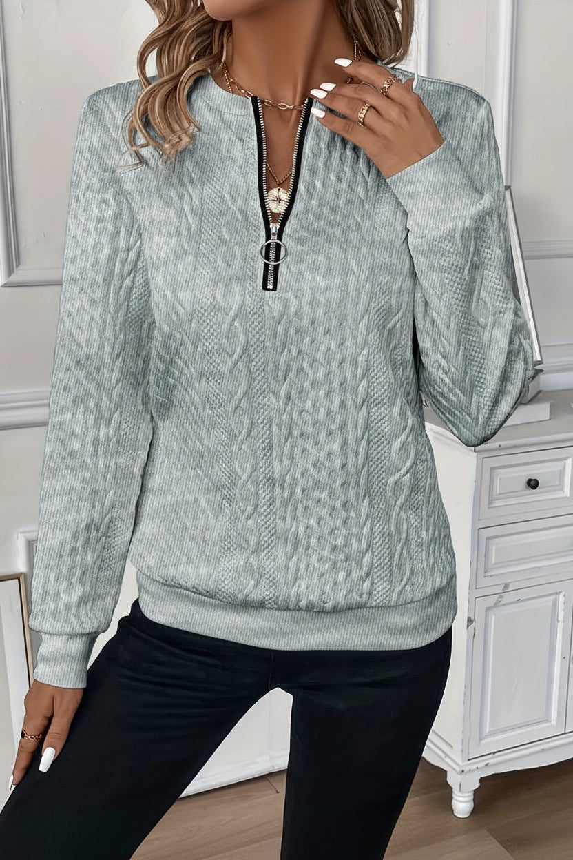 Quarter Zip Sweater with Ribbed Hem for Women