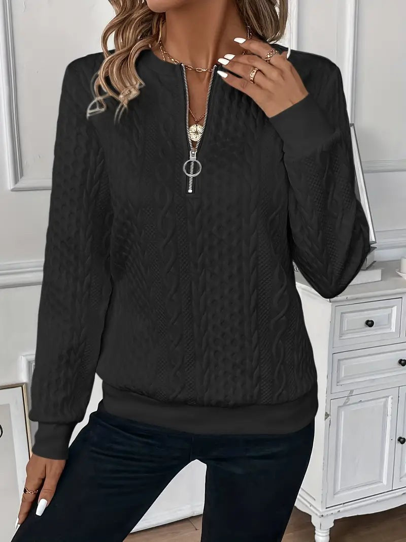 Quarter Zip Sweater with Ribbed Hem for Women