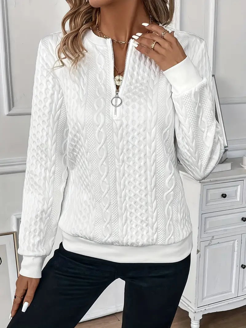 Quarter Zip Sweater with Ribbed Hem for Women