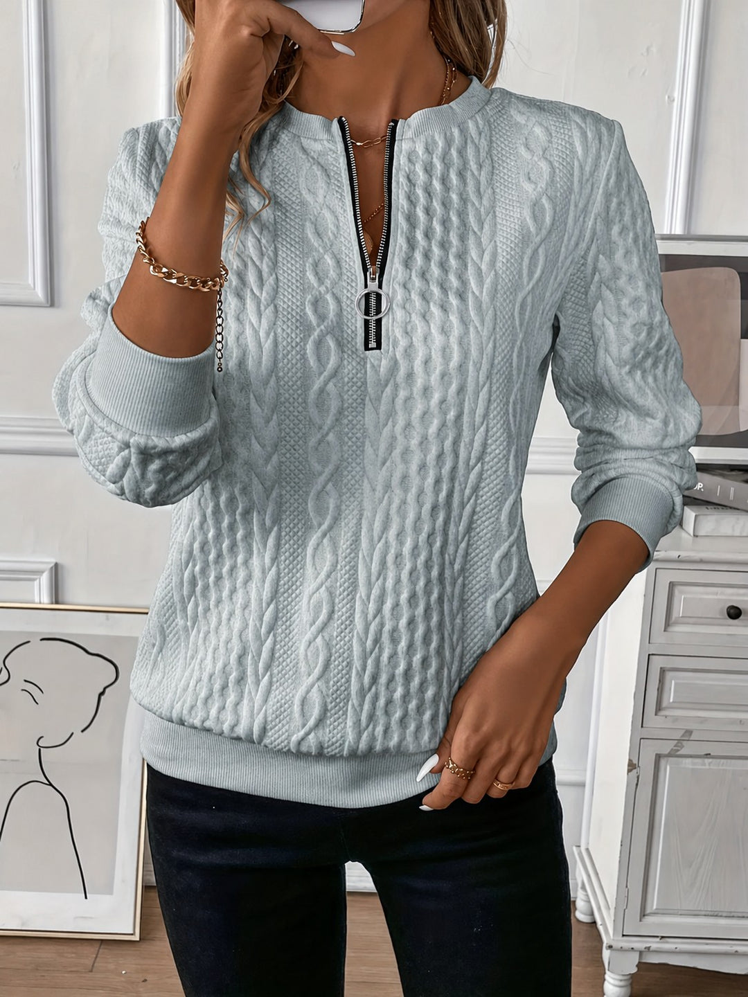 Quarter Zip Sweater with Ribbed Hem for Women